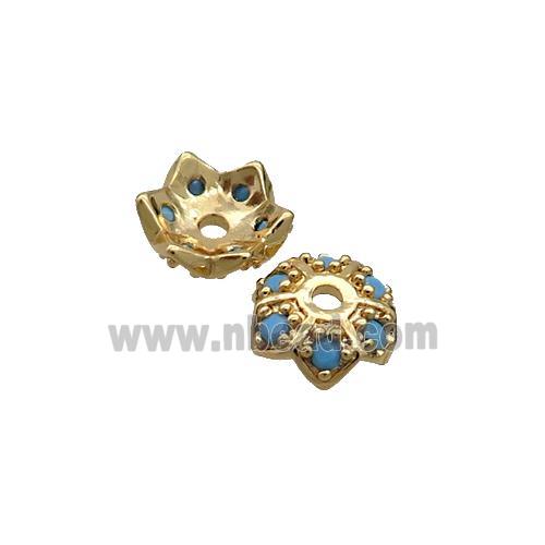 Copper Beadcaps Pave Turq Zircon Gold Plated