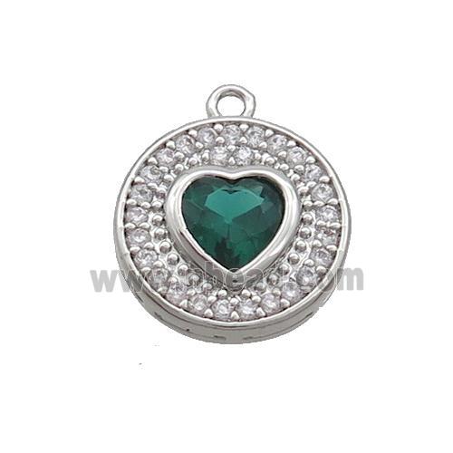 Copper Circle Pendant Pave Zircon Green Heart Platinum Plated