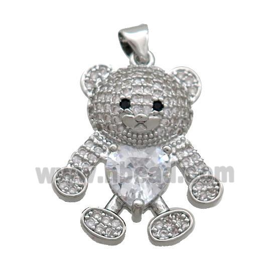 Copper Bear Pendant Pave Zircon Platinum Plated