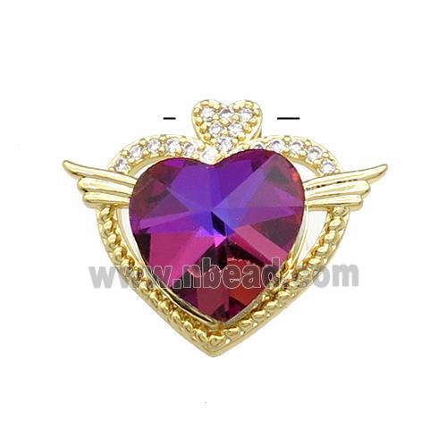 Copper Heart Pendant Pave Crystal Glass Zircon Angel Wings Gold Plated