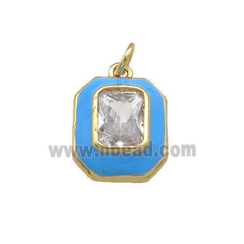 Copper Rectangle Pendant Pave Zircon Blue Enamel Gold Plated