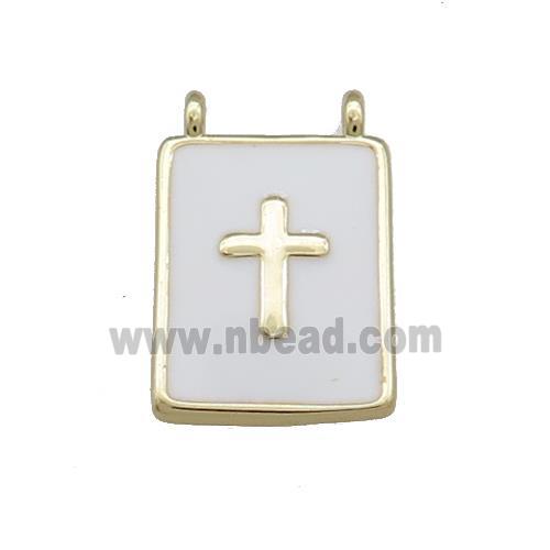 Copper Rectangle Pendant White Enamel Cross 2loops Gold Plated