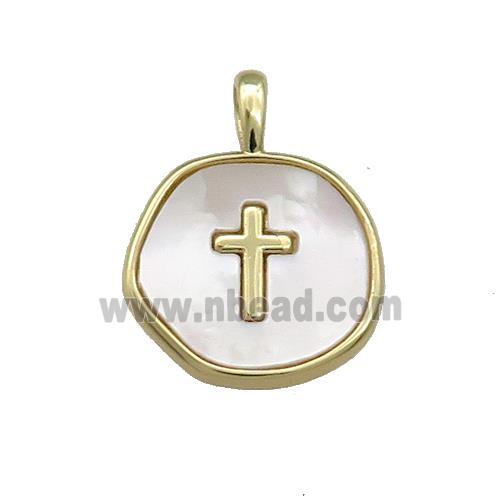 Copper Circle Pendant Pave Shell Cross Gold Plated