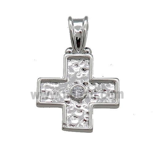 Copper Cross Pendant Pave Zircon Hammered Platinum Plated