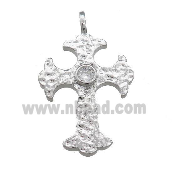 Copper Cross Pendant Pave Zircon Hammered Platinum Plated