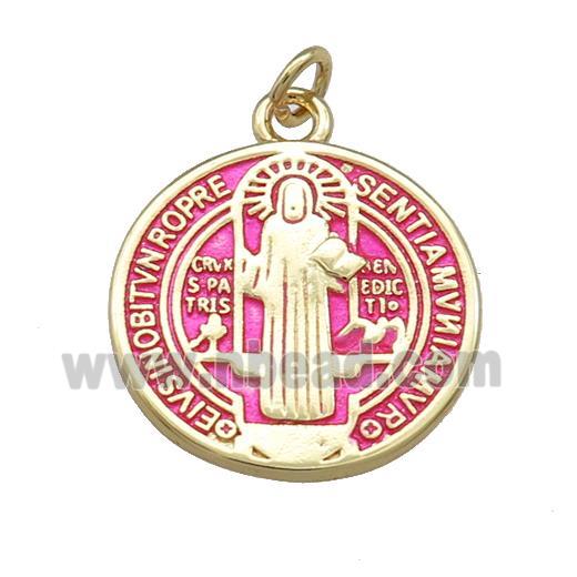 Copper Jesus Pendant Religious Medal Charms Pink Painted Circle Gold Plated