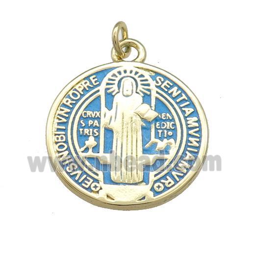 Copper Jesus Pendant Religious Medal Charms Blue Painted Circle Gold Plated