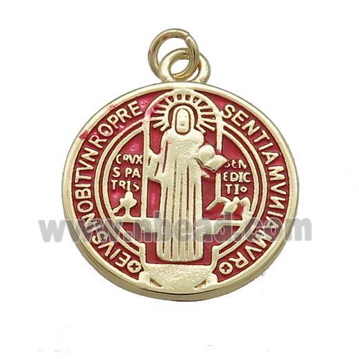 Copper Jesus Pendant Religious Medal Charms Red Painted Circle Gold Plated