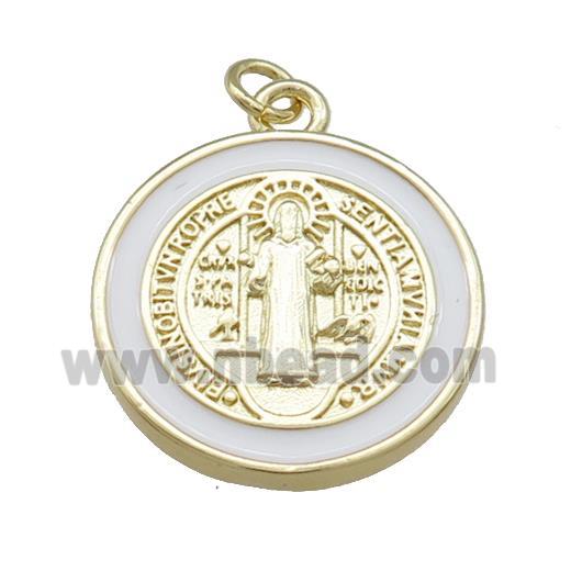 Copper Jesus Pendant Religious Medal Charms White Enamel Circle Gold Plated