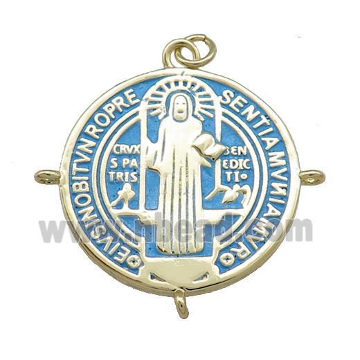 Copper Jesus Pendant Religious Medal Charms Blue Painted Circle Gold Plated