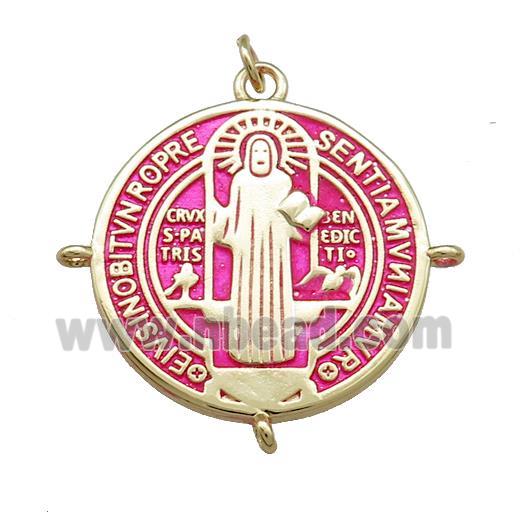 Copper Jesus Pendant Religious Medal Charms Pink Painted Circle Gold Plated