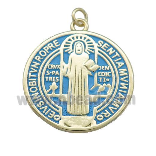 Copper Jesus Pendant Religious Medal Charms Blue Painted Circle Gold Plated