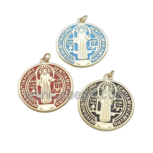 Copper Jesus Pendant Religious Medal Charms Painted Circle Gold Plated Mixed