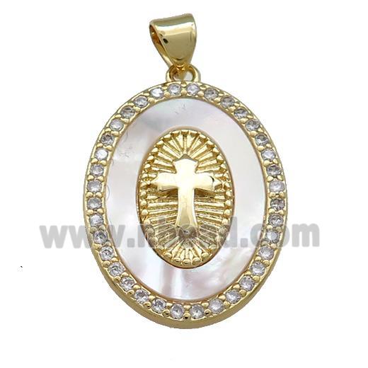 Copper Oval Pendant Pave Shell Zircon Cross Medal Charms 18K Gold Plated