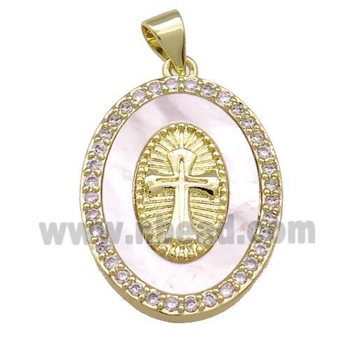 Copper Oval Pendant Pave Shell Zircon Cross Medal Charms 18K Gold Plated