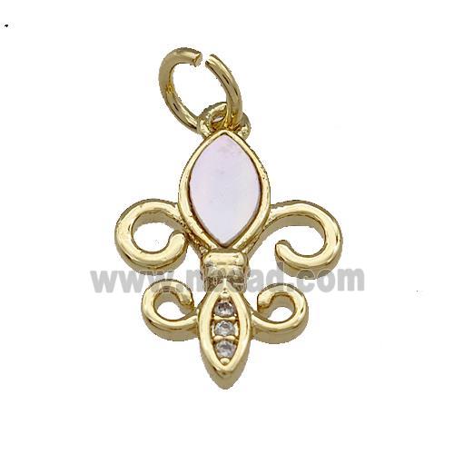 Fleur De Lis Copper Pendant Pave Shell Zirconia 18K Gold Plated