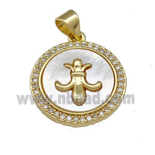 Copper Circle Pendant Pave Shell Zirconia Fleur De Lis 18K Gold Plated