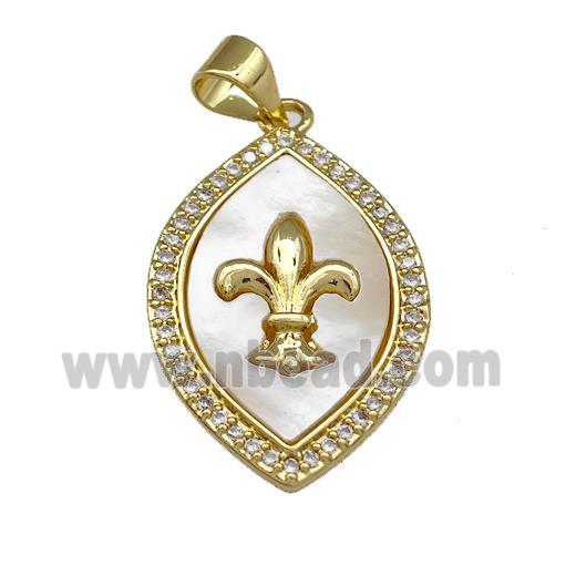 Copper Oval Pendant Pave Shell Zirconia Fleur De Lis 18K Gold Plated