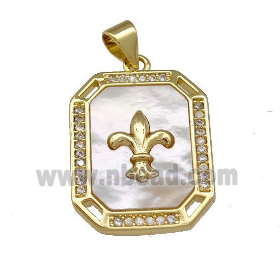 Copper Rectangle Pendant Pave Shell Zirconia Fleur De Lis 18K Gold Plated