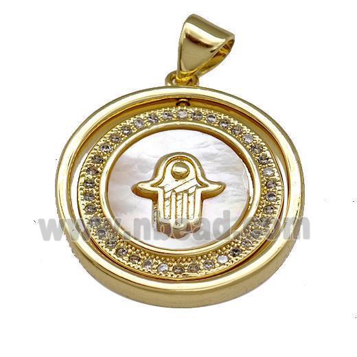 Copper Circle Pendant Pave Shell Zirconia Hamsahand 18K Gold Plated