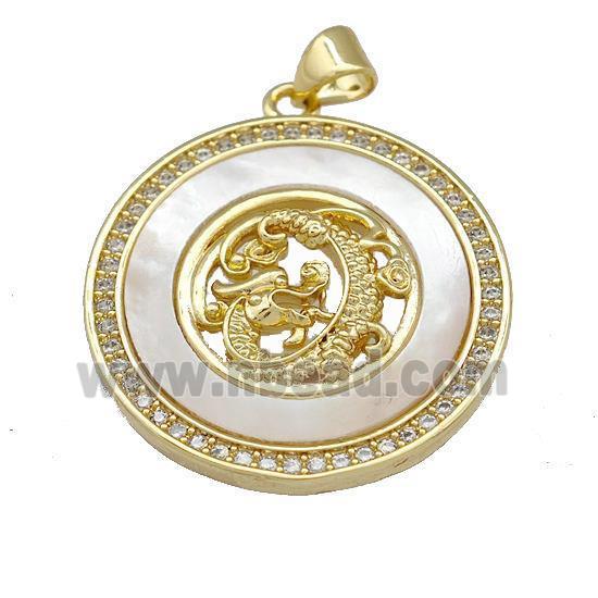 Dragon Charms Copper Circle Pendant Pave Shell Zirconia 18K Gold Plated