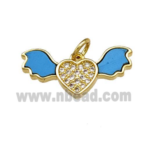 Copper Angel Wings Pendant Pave Shell Zirconia Heart 18K Gold Plated