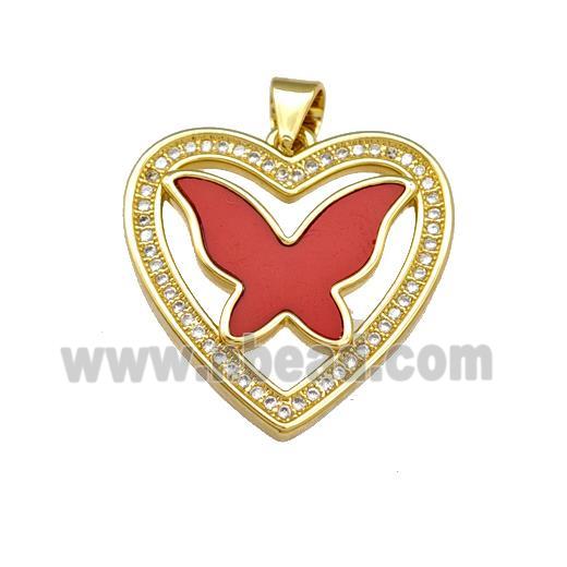 Copper Heart Pendant Pave Shell Zirconia Butterfly 18K Gold Plated