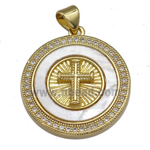 Copper Circle Pendant Pave Shell Zircon Cross 18K Gold Plated