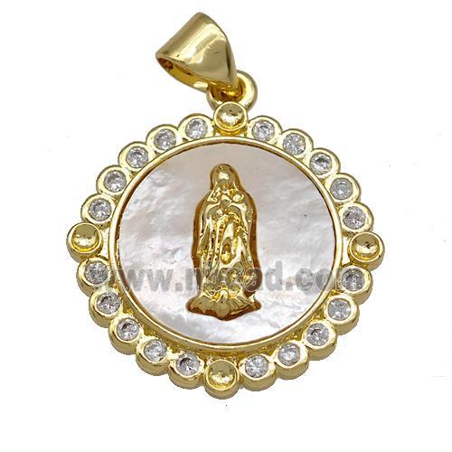 Jesus Charms Copper Circle Pendant Pave Shell Zirconia 18K Gold Plated