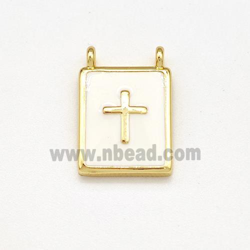 Copper Rectangle Pendant Cross White Enamel 2loops Gold Plated