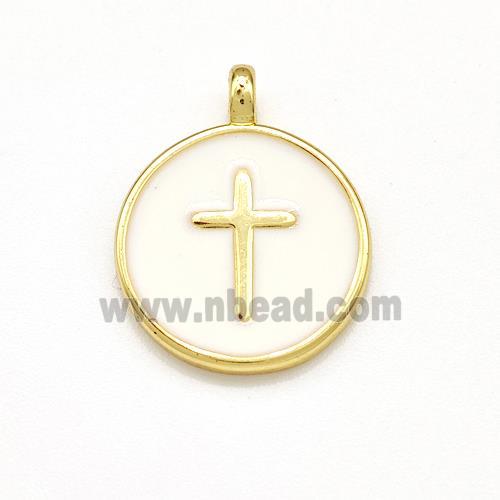 Copper Circle Pendant Cross White Enamel Gold Plated