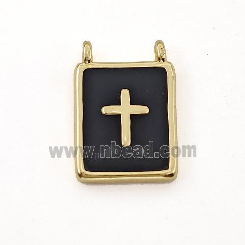 Copper Rectangle Pendant Cross Black Enamel 2loops Gold Plated