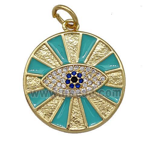 Copper Circle Eye Pendant Pave Zircon Green Enamel Gold Plated