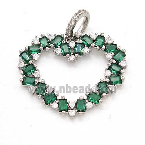 Copper Heart Pendant Micro Pave Green Zirconia Platinum Plated