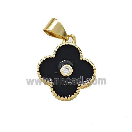 Copper Clover Pendant Pave Zirconia Black Enamel Gold Plated