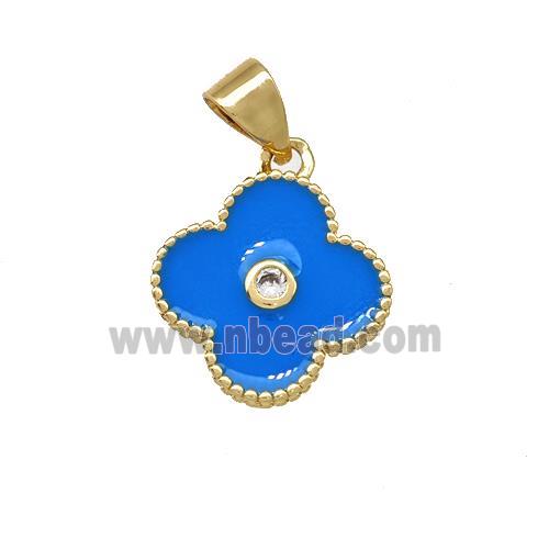 Copper Clover Pendant Pave Zirconia Blue Enamel Gold Plated