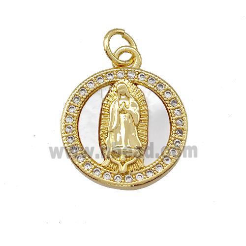 Jesus Charms Copper Circle Pendant Pave Shell Zirconia 18K Gold Plated