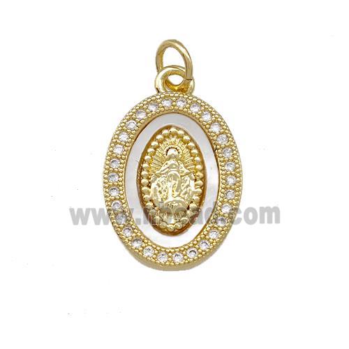 Virgin Mary Charms Copper Oval Pendant Pave Shell Zirconia 18K Gold Plated