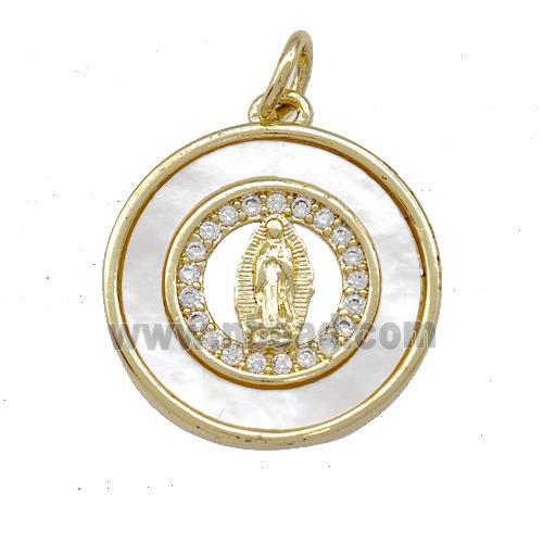 Jesus Charms Copper Circle Pendant Pave Shell Zirconia 18K Gold Plated