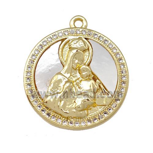 Virgin Mary Charms Copper Circle Pendant Pave Shell Zirconia 18K Gold Plated