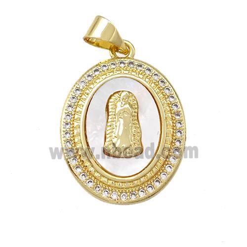 Virgin Mary Charms Copper Oval Pendant Pave Shell Zirconia 18K Gold Plated