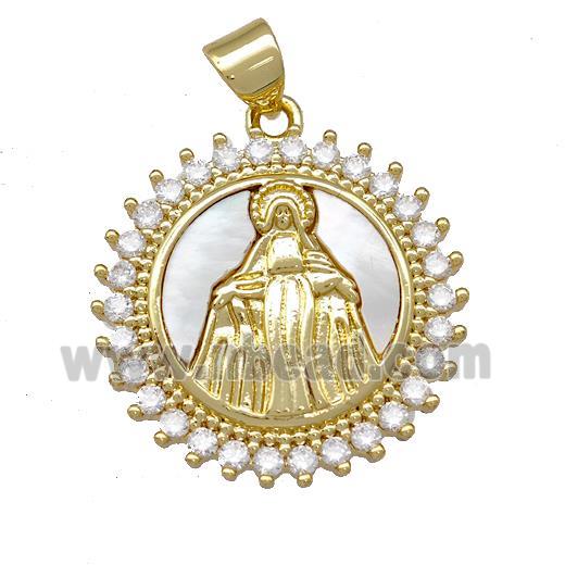 Virgin Mary Charms Copper Circle Pendant Pave Shell Zirconia 18K Gold Plated