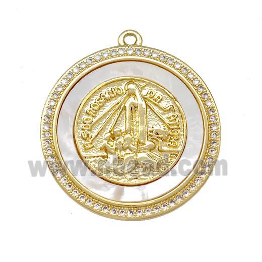 Jesus Charms Copper Circle Pendant Pave Shell Zirconia 18K Gold Plated