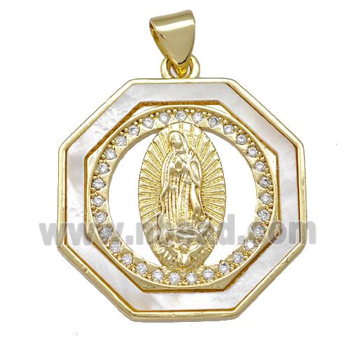 Jesus Charms Copper Octangle Pendant Pave Shell Zirconia 18K Gold Plated