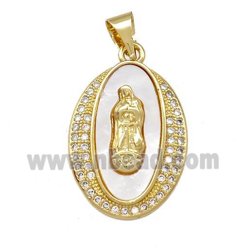 Jesus Charms Copper Oval Pendant Pave Shell Zirconia 18K Gold Plated