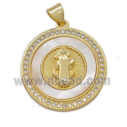 Jesus Charms Copper Circle Pendant Pave Shell Zirconia 18K Gold Plated