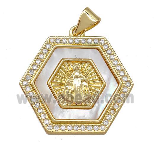 Virgin Mary Charms Copper Hexagon Pendant Pave Shell Zirconia 18K Gold Plated