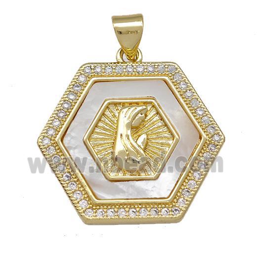 Virgin Mary Prayer Copper Hexagon Pendant Pave Shell Zirconia 18K Gold Plated