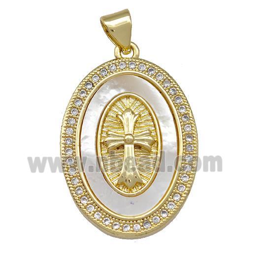 Copper Oval Pendant Pave Shell Zirconia Cross 18K Gold Plated