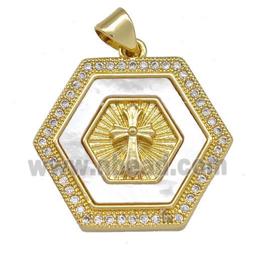 Copper Hexagon Pendant Pave Shell Zirconia Cross 18K Gold Plated